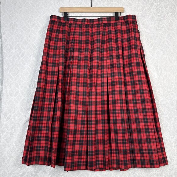 Vtg Worsted Wool Skirt 22W Red Black Plaid Pleats Academia Preppy Old Money Kilt - Picture 7 of 13